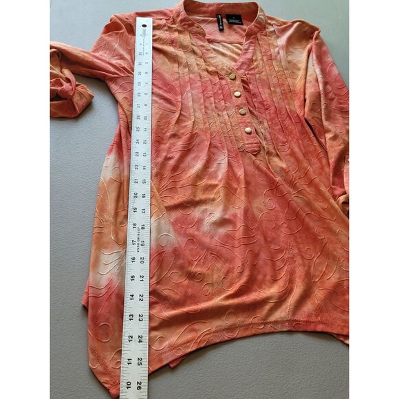 New Directions Blouse Womens S Coral Abstract Pleated Roll Tab Sleeve Asymmetric - Picture 3 of 9
